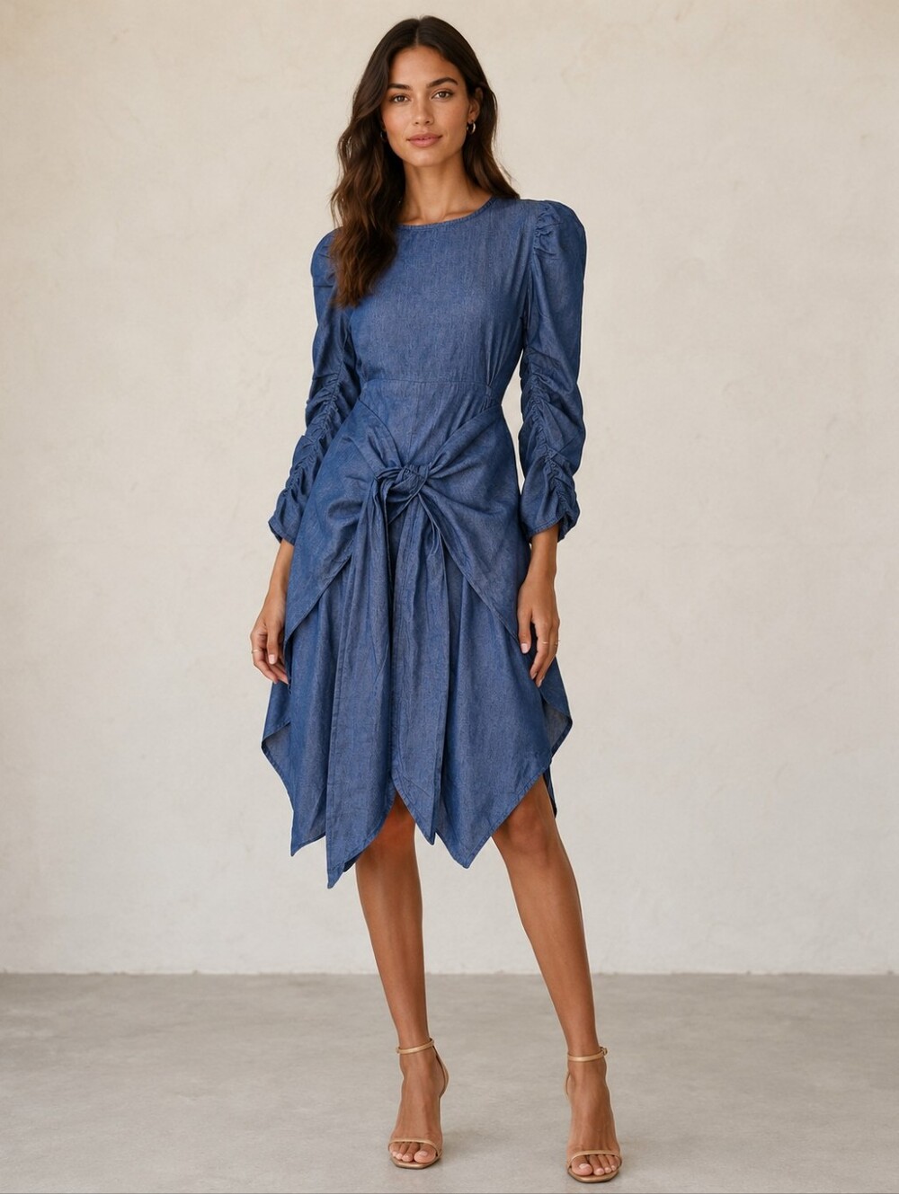 PADOVA Cotton Blue Denim Front Tie Slit Puff 3/4 Sleeves Pull on Midi Dress Sz 6